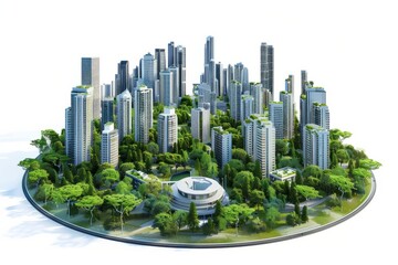 Naklejka premium 3D Render of cityscape with central park or green space surrounded by high-rise buildings, on isolated white background, Generative AI