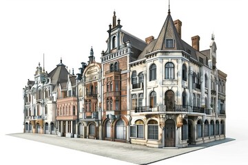 Fototapeta na wymiar 3D Render of historical cityscape with cobblestone streets and ornate architecture, on isolated white background, Generative AI