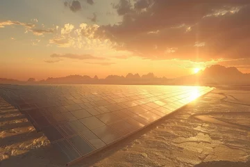 Photo sur Plexiglas Réflexion An array of solar panels in a desert, the warm, soft light reflecting off the panels symbolizing the immense potential of solar energy