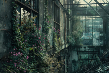 Fototapeta na wymiar An old, abandoned factory reclaimed by nature. Ivy creeps up the rusted metal structures, and wildflowers bloom in the cracks of the concrete.