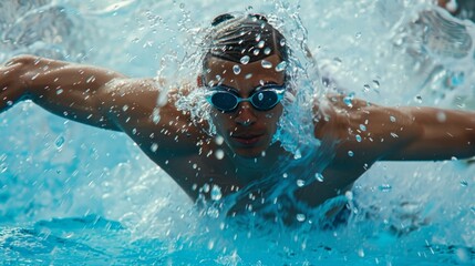 A focused swimmers strong arms creating large waves in the pool as they freestyle towards victory.
