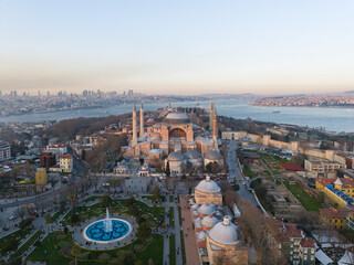 Hagia Sophia (Ayasofya Camii) Ramadan Month Minarets (Mahya) Drone Photo,  Sultanahmet Square Fatih, Istanbul Turkey