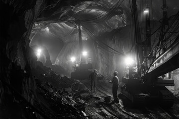 An underground mining operation. Miners with headlamps illuminate the dark, rocky tunnel as they...