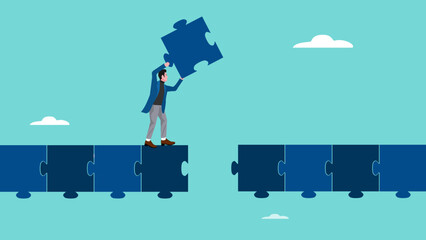 create a path to career success with businessman builds bridges from puzzles, Business goals as profit target achievement process, the way to achieve goal, management or strategy to achieve target