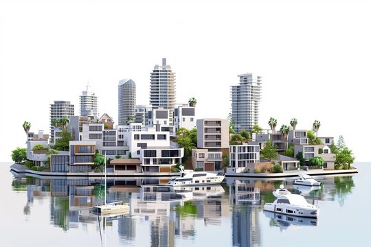 3D Render of waterfront cityscape with boats in the harbor and a mix of residential and commercial buildings, on isolated white background, Generative AI