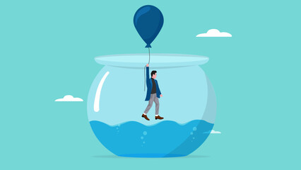 businessman fly using balloon to gets out of fish aquarium prison illustration, creative ideas to get out of business problems, solution or procedure to solve problem