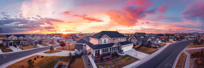 A panoramic view of an idyllic suburban neighborhood at sunset, with multiple single family houses and a wellmaintained street in the center