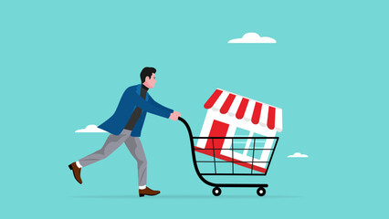 buy a franchise illustration with businessman push shopping carts containing franchise icons concept vector illustration - obrazy, fototapety, plakaty
