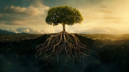 Majestic Tree with Deep Roots, Symbolic for Growth and Stability Concepts - obrazy, fototapety, plakaty