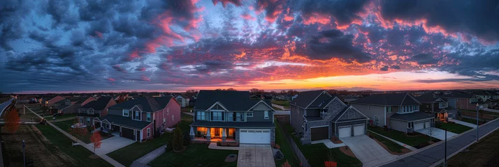 Photo sur Plexiglas Paris A panoramic view of an idyllic suburban neighborhood at sunset, with multiple single family houses and a wellmaintained street in the center