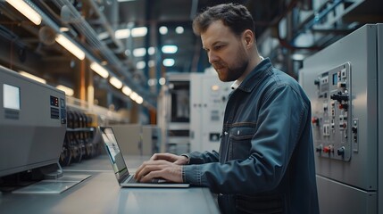 Engineer Operating Automated Factory Machinery with Laptop