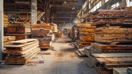 The smell of pine and cedar permeating the air as these popular woods are processed into boards. - obrazy, fototapety, plakaty