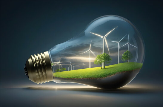 Green concept of light bulb with wind turbin