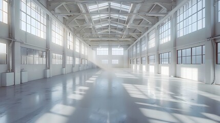 Spacious Industrial Factory Interior Bathed in Bright Light - obrazy, fototapety, plakaty