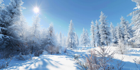 panorama of a beautiful snow covered pine forest in the distance, snow covered hills with trees and sunlight shining through, bright blue sky