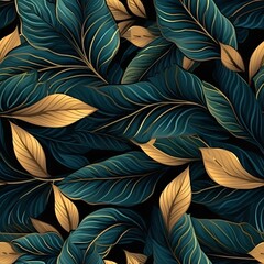 Floral seamless pattern, textura. Wallpaper, gold and deep green nature leaves. Design for print, cover, banner and invitation. Creative nature minimalistic summer abstract background