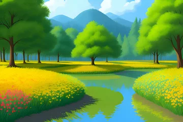 Foto op Canvas Beautiful and Peaceful Nature Scenery Illustration, Landscape, Countryside, Tranquil, Vibrant and Colorful © Imejing