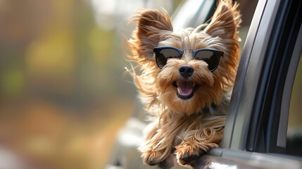 Funny cute doggy pet smiling in a car, happy Yorkshire terrier puppy. Holidays and vacation travel concept.