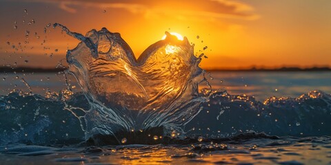 Heart shape formed by a splash of clear sea waves in the rays of the sun - 761977643