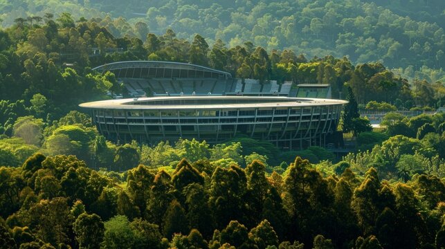 The stadium nestled ast a forest of trees providing a serene backdrop for cricket matches.
