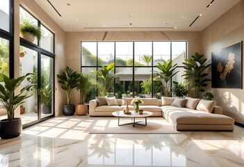 Fototapeta premium A large modern living room with lots of plants and a sofa and lots of sunlight. beige marble floor