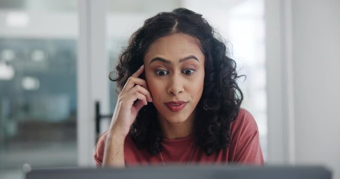 Inspired, woman or laptop to search, writing or proposal for problem, solving or project management. Focus, female entrepreneur or computer for reading, typing or business information in office