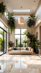 Fototapeta na wymiar A large modern living room with lots of plants and a sofa and lots of sunlight. beige marble floor