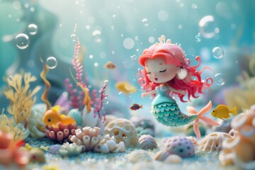 Fototapeta na wymiar A 3D cartoon of a mermaid with vibrant red hair surrounded by colorful coral and fish underwater.