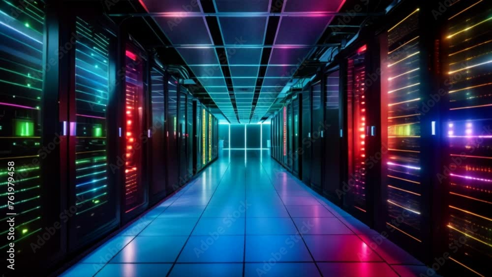 Poster corridor in working data center full of rack servers and supercomputers with internet connection
