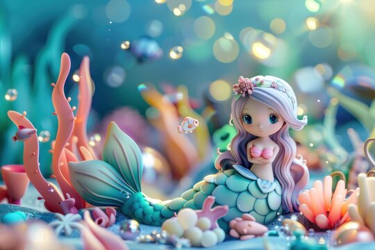 A 3D cartoon image of a young mermaid sitting amidst vibrant coral and sea creatures in an underwater fantasy.