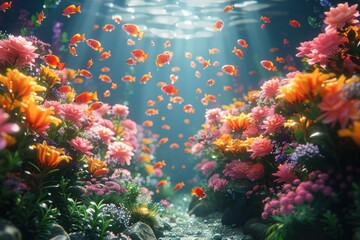 Fototapeta na wymiar Vibrant 3D underwater scene with colorful flowers and playful fish amidst bubbles.