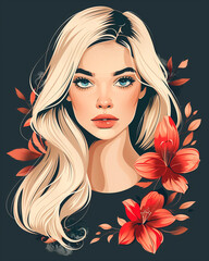 Portrait of a beautiful girl with flowers, artistic illustration for creating prints for clothes, shoppers, wallpaper.