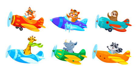 Cartoon baby animals on planes, pilot characters, hippo and giraffe, tiger and sloth, vector zoo. Raccoon and fox animals or kids airplane pilots, funny characters aviators flying in propeller planes
