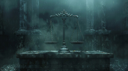 An evocative scene depicting the Scales of Justice, centered among ruins under a heavy rain, suggesting themes of law, balance, and history.
