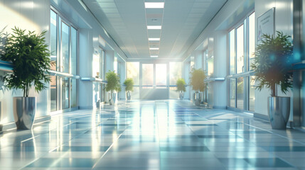 A well-lit, spacious hospital corridor lined with potted plants, reflecting a focus on a healing and welcoming environment. - obrazy, fototapety, plakaty