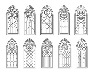 Medieval gothic castle and catholic church glass windows. Isolated vector outline arches black silhouettes. Vintage stained glass arched frames, cathedral interior traditional European architecture - obrazy, fototapety, plakaty