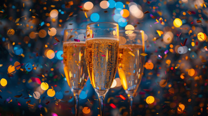 Three champagne glasses filled with sparkling wine against a backdrop of colorful confetti and bokeh lights.