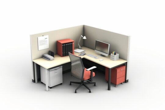 3D Render of modern office cubicle with computer, chair, and filing cabinets, on isolated white background, Generative AI