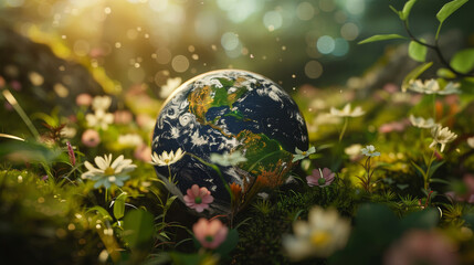 Obraz na płótnie Canvas A photorealistic image of Earth as a globe surrounded by lush greenery and blooming flowers, symbolizing nature and environmental care.