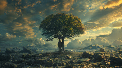 A single person stands contemplatively under a solitary tree against a dramatic sky at sunset, evoking a sense of solitude and reflection. - obrazy, fototapety, plakaty