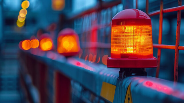 Illuminated red warning lights lined up on a barrier at a construction site, with a bokeh effect of city lights at twilight.
