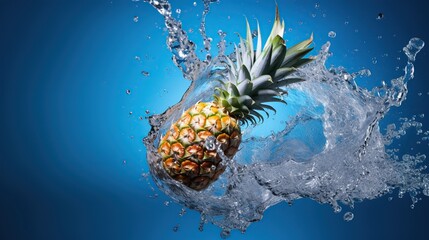pineapple fruit met with waves and splashes of water - obrazy, fototapety, plakaty
