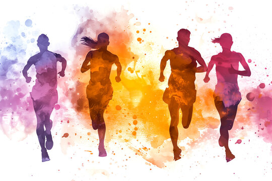Silhouette of running athletes in watercolor style. Painting for sports games, competitions. The desire to win.