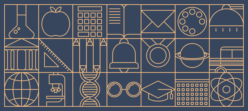 Education and science abstract modern line geometric pattern, vector background. School ruler, student university and teacher glasses with calculator and laboratory vial in geometric line pattern