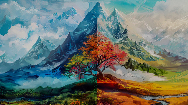 Painting of a mountain where each layer is a different season.