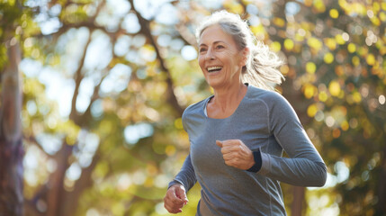 Mature older active woman jogging in the outdoors