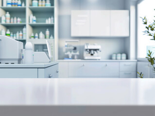 Medical office backdrop for product photo, blurred background puts focus on countertop in front