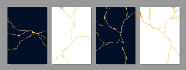 Kintsugi golden cracks, marble texture. Vector black and white vertical backgrounds with gold elegant veins on textured surface, embodying resilience and beauty through artful embrace of imperfections - 761981850