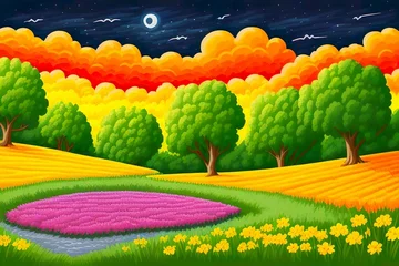 Poster Beautiful and Peaceful Nature Scenery Illustration, Landscape, Countryside, Tranquil, Vibrant and Colorful © Imejing