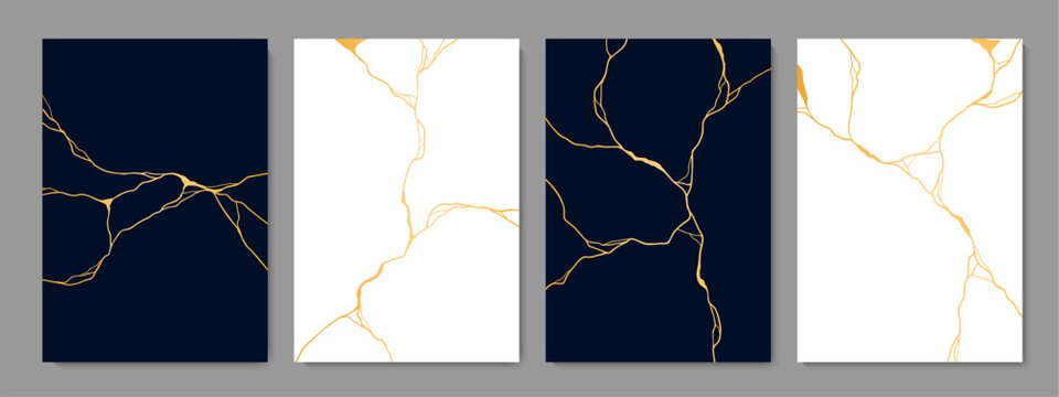 Kintsugi golden cracks, marble texture. Vector black and white vertical backgrounds with gold elegant veins on textured surface, embodying resilience and beauty through artful embrace of imperfections